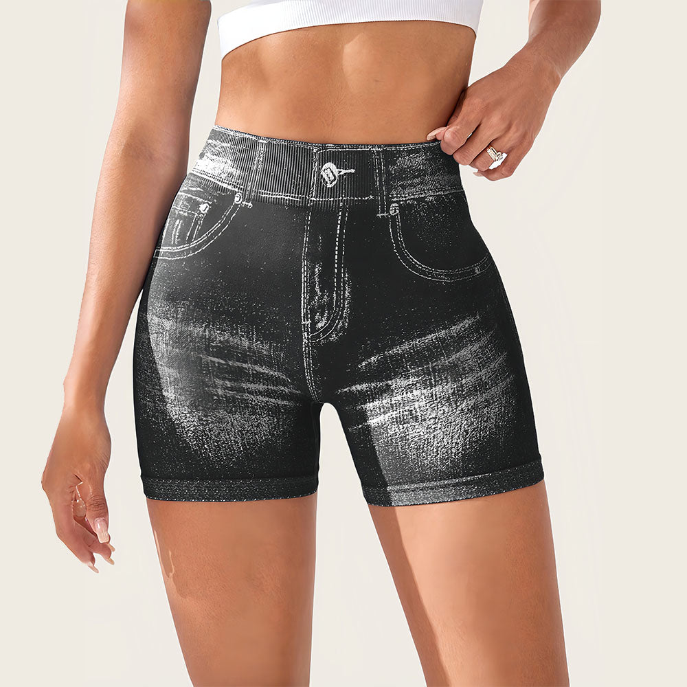 Jeans-like seamless fitness cycling shorts, personalized with your name, suitable for both gym and casual occasions
