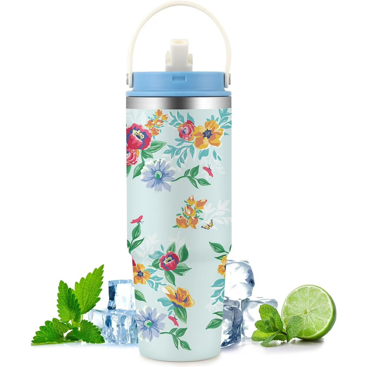 Floral Insulated Water Bottle with Straw Lid & Handle, Stainless Steel Leakproof Tumbler for Iced Drinks, Summer Floral Print