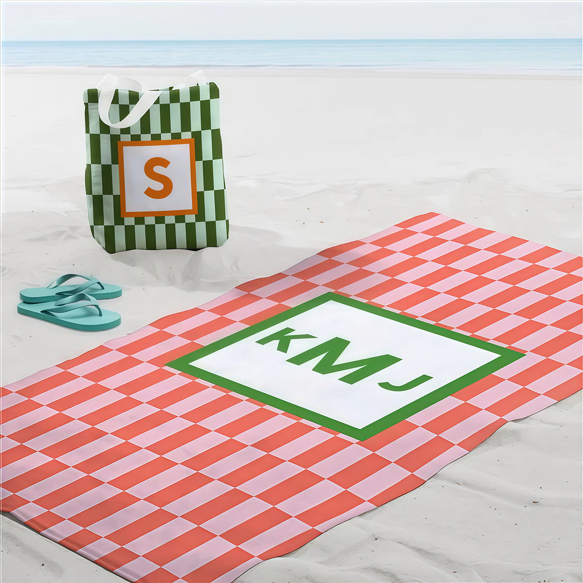 Bright Check Monogram Personalized 30x60 Beach Towel
