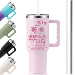 40oz Handle Tumbler | 50th Birthday 2026 Beach Booze Besties Tropical Palm Tree Custom Insulated Travel Cup For Girls Trip Best Friend Gift