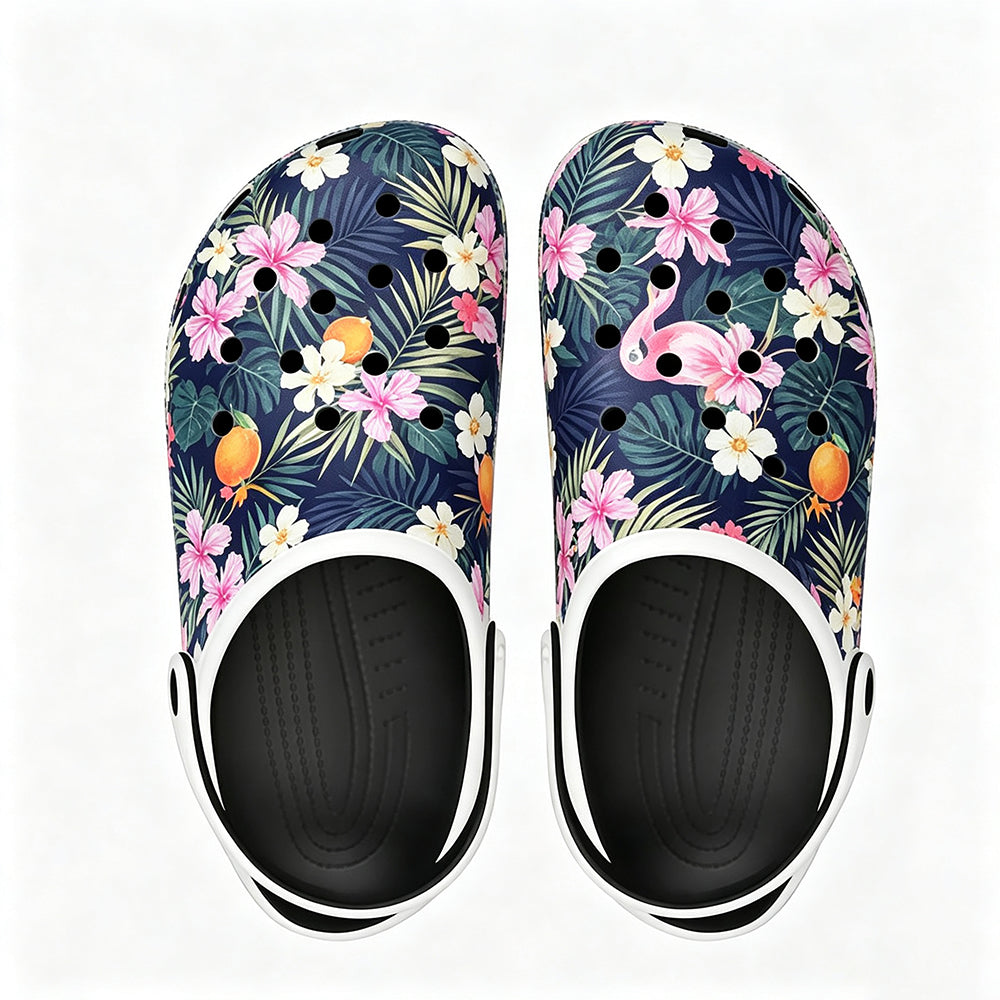 White Tropical Hibiscus Palm Leaf Pattern Classic Comfort Clogs Outdoor Water Shoes