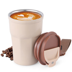 350ml Double Wall Vacuum Insulated Coffee Cup - BPA-Free Leakproof Lid & Strap, Reusable Thermal Mug for Hot/Cold Beverages, Neutral Beige