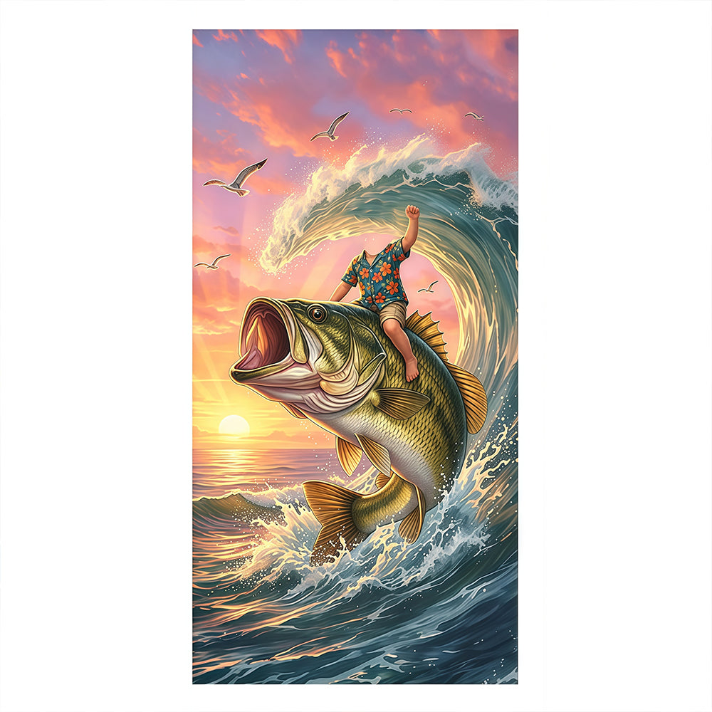 Personalized Fishing Beach Towel with Boys Face & Name, Bass Fish Kid Gift, Kids Towel.