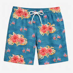 Teal Tropical Hibiscus & Mini US Flag Beach Shorts
