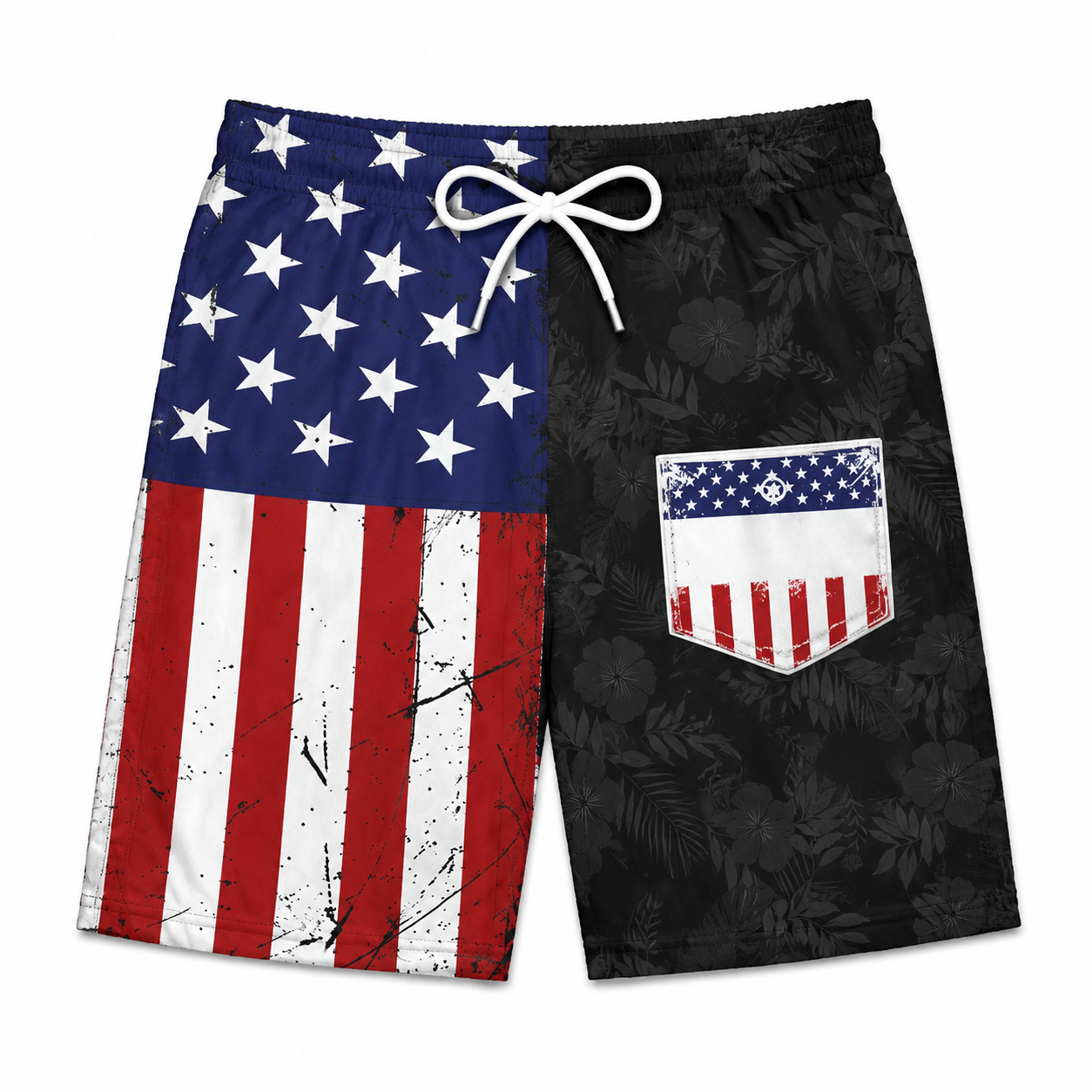 Split Design USA Flag & Black Tropical Leaf Men's Swim Trunks