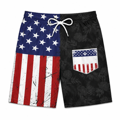 Split Design USA Flag & Black Tropical Leaf Men's Swim Trunks