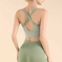 Sage Green Cross Back Sports Bra - High Support Longline Workout Crop Top for Running & Gym
