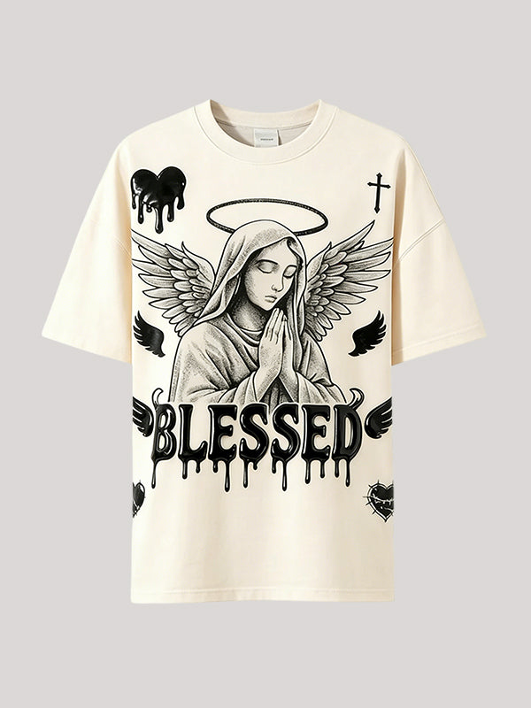Gothic Angel "BLESSED" Drip Graphic Tee