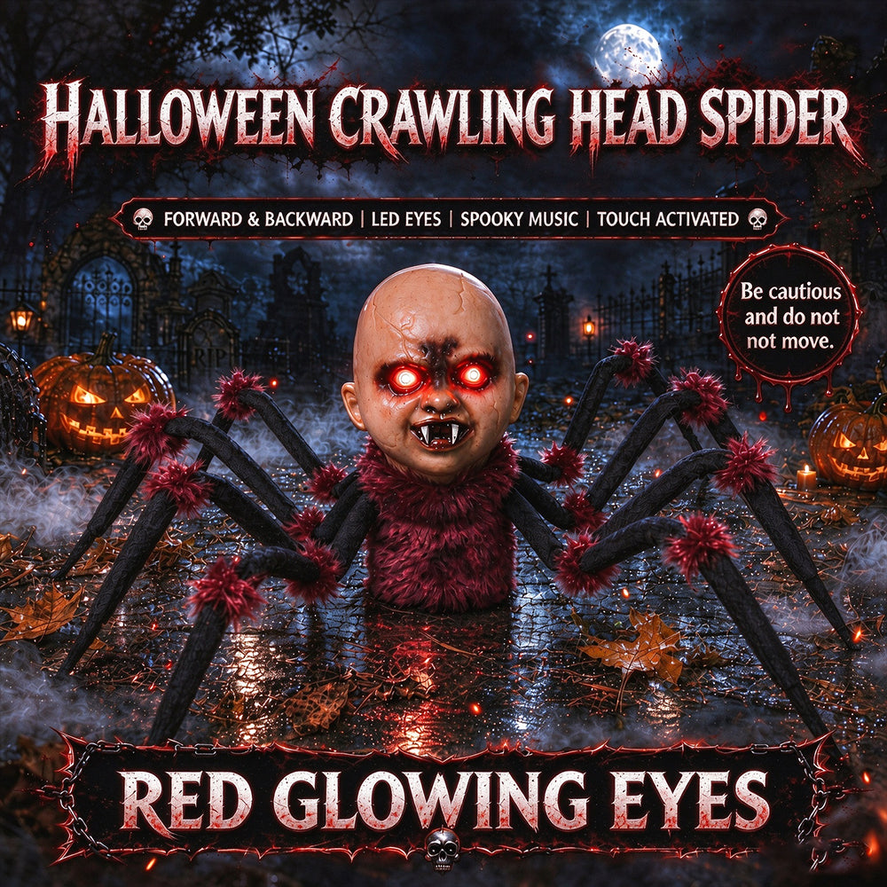 Halloween Crawling Head Spider Animatronic Prop, Touch Activated Decoration with Red LED Glowing Eyes, Spooky Music, Move Forward & Backward for Haunted House Yard Decor