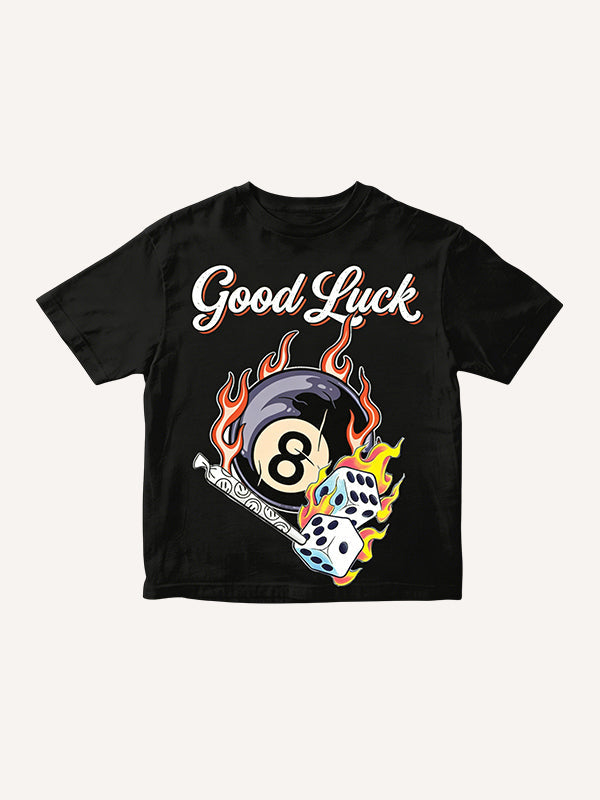 "Good Luck" Flaming 8 Ball & Dice Graphic T-Shirt