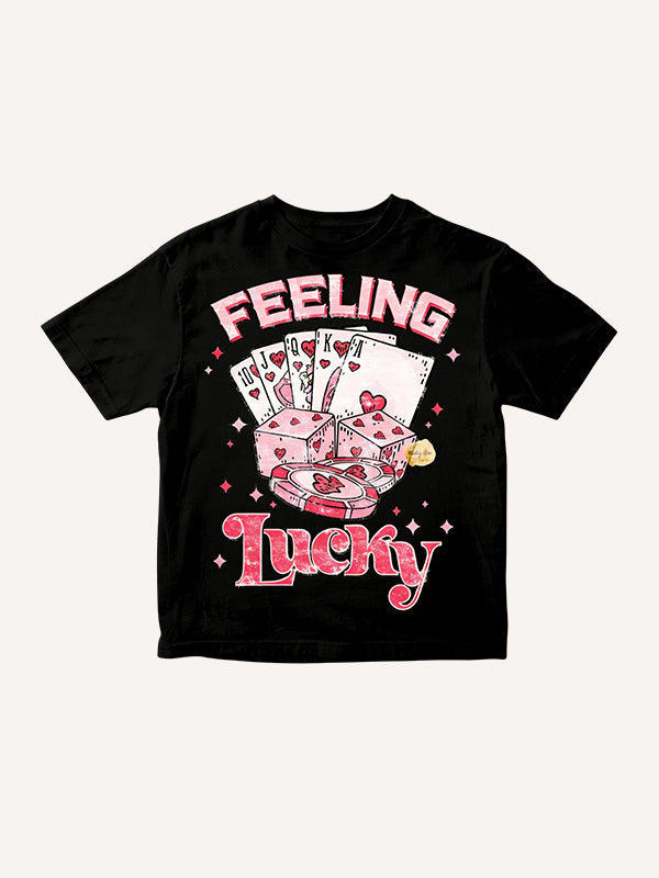 "FEELING Lucky" Heart Poker & Pink Dice Graphic T-Shirt