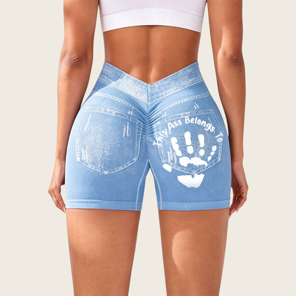 Jeans-like seamless fitness cycling shorts, personalized with your name, suitable for both gym and casual occasions