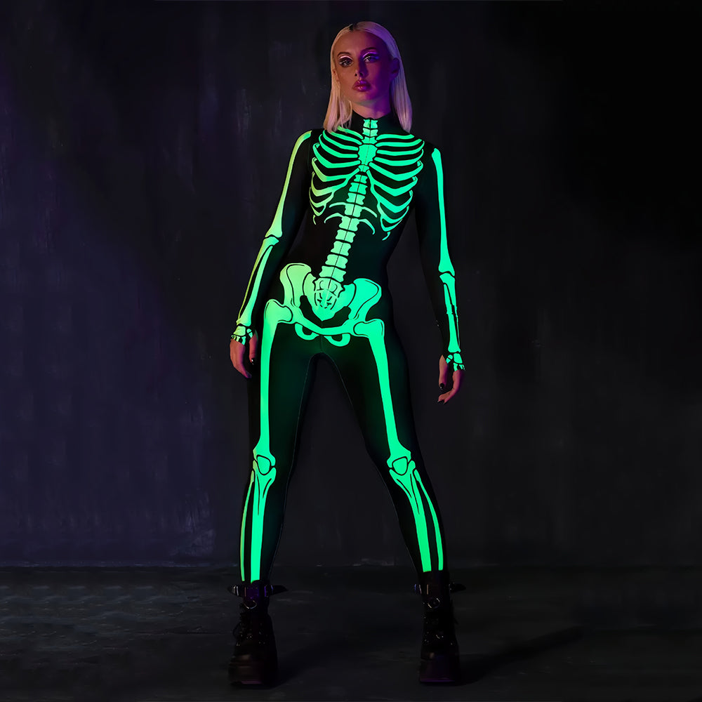 Glow-in-the-dark skeleton bodysuit, Halloween UV fluorescent skeleton cosplay outfit, stretchy long-sleeve leotard, electronic music party costume