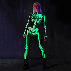 Glow-in-the-dark skeleton bodysuit, Halloween UV fluorescent skeleton cosplay outfit, stretchy long-sleeve leotard, electronic music party costume