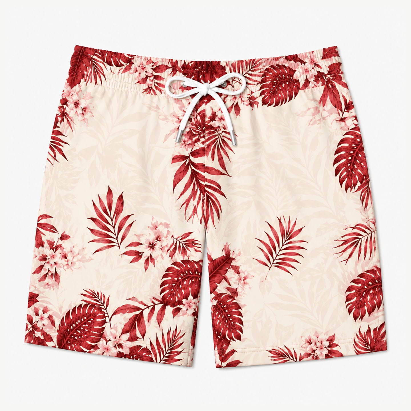 Red Tropical Leaves Hibiscus Floral Aloha Swim Trunks