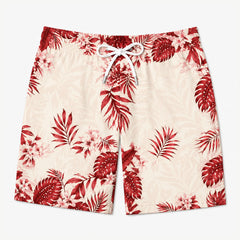 Red Tropical Leaves Hibiscus Floral Aloha Swim Trunks