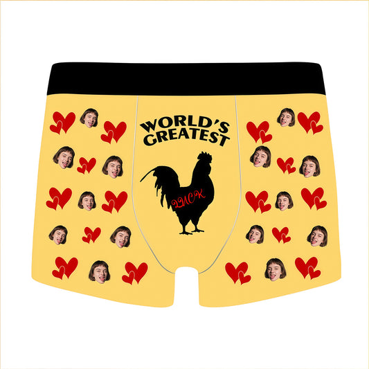 Custom Face & Name Boxer Briefs - "World's Greatest" Funny Rooster Graphic Men's Underwear - Personalized Photo & Text Gag Gift for Boyfriend/Husband