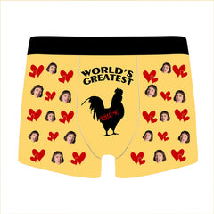 Custom Face & Name Boxer Briefs - "World's Greatest" Funny Rooster Graphic Men's Underwear - Personalized Photo & Text Gag Gift for Boyfriend/Husband