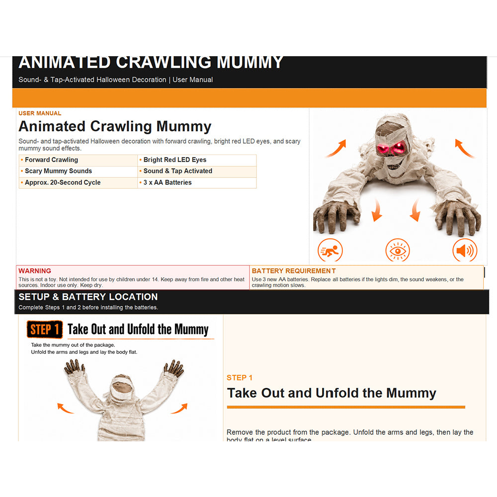 Halloween crawling mummy, an interactive prop with red glowing eyes and terrifying sounds, suitable for outdoor courtyard haunted house decoration
