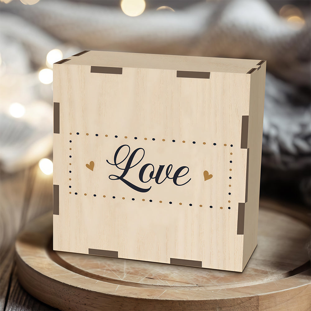 Personalized wooden photo box with waterfall-style flip cover panel - perfect for wedding, anniversary, or couple's photo storage gifts. The interior can hold souvenirs.