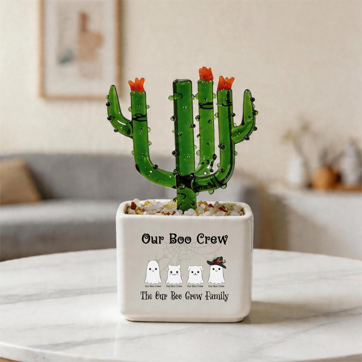 Customized Our Boo Crew Crystal Glass Cactus Ornament