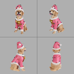 Four views of the Labrador retriever Christmas statue on a gray background, showing the front, side and back of the pink Santa coat