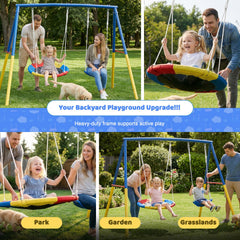 1 Set Swing Set For Christmas Gift Backyard, 330lbs Swing Set With Heavy-Duty A-Frame Metal Outdoor Swing Stand, 1 Saucer Swing Seat & 1 Belt Swings Seat Use On Four Season