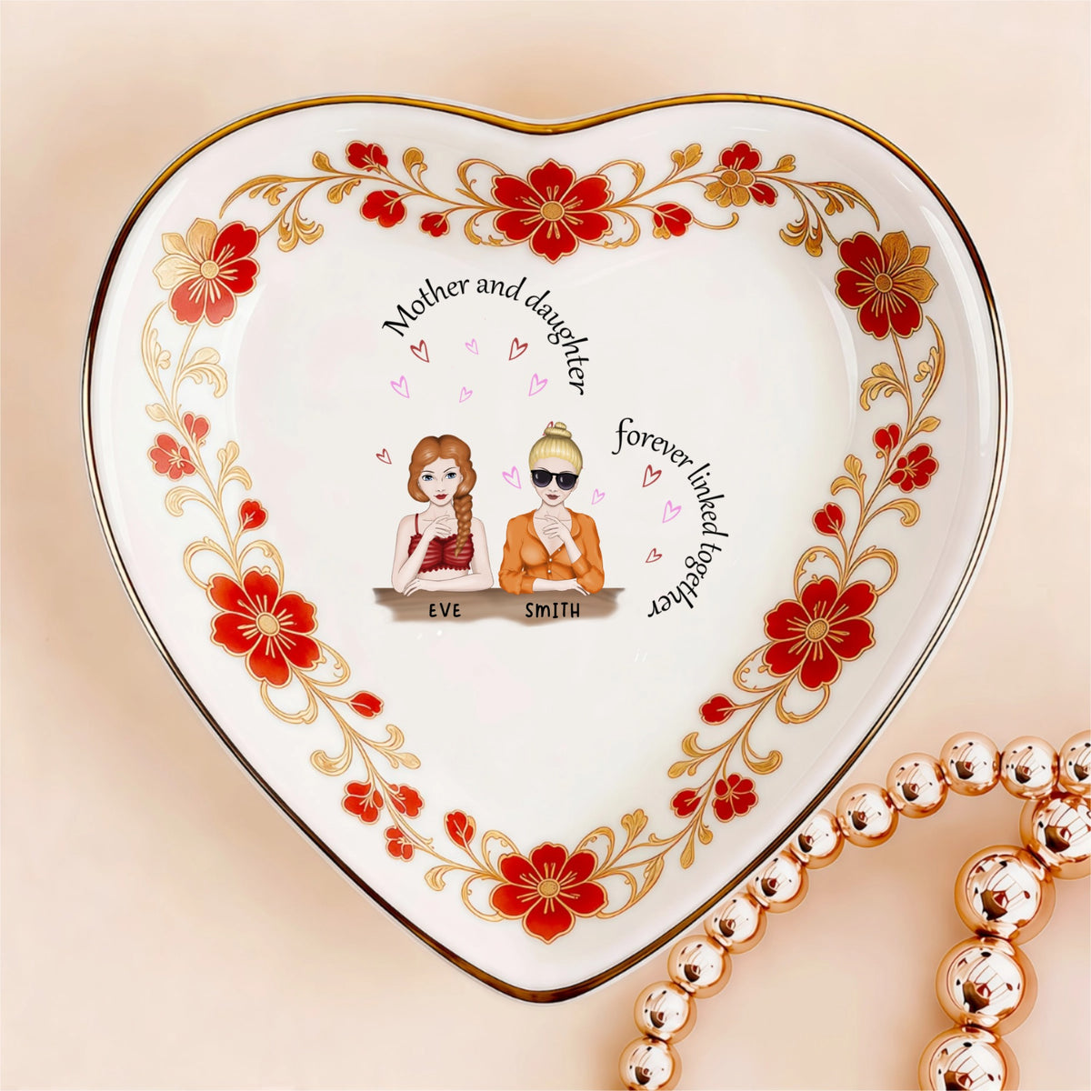 Custom  Photo Ceramic Trinket Tray with Elegant Red Floral Vine Border-Mother and daughters forever linked together