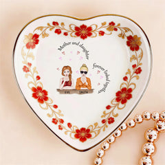 Custom  Photo Ceramic Trinket Tray with Elegant Red Floral Vine Border-Mother and daughters forever linked together