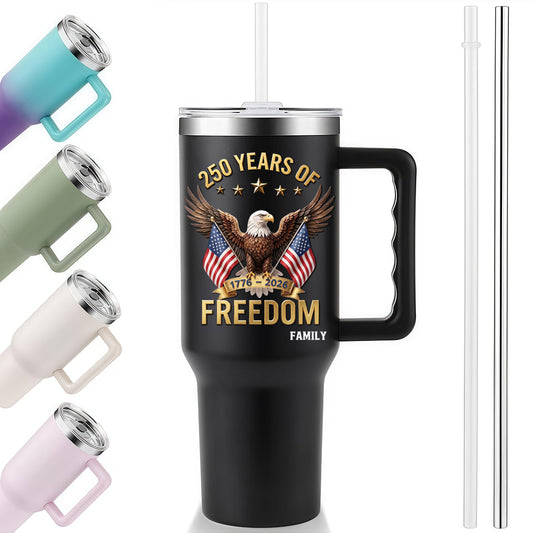 40oz Large Handle Tumbler | 250 Years Of Freedom Bald Eagle Dual American Flag Custom Family Name 1776-2026 Patriotic Stainless Steel Mug