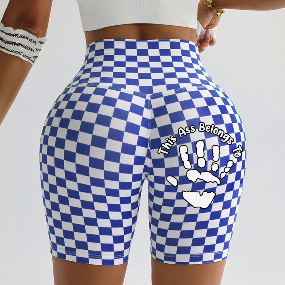 Personalized Custom Name This Ass Belongs To Handprint Biker Shorts, Custom Print Checkered High Waist Yoga Shorts