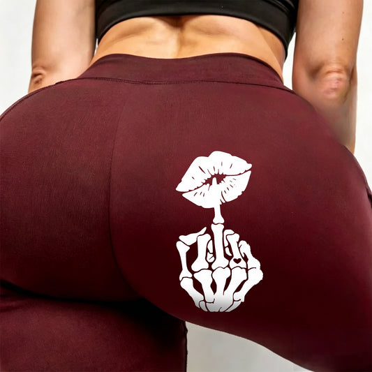 Customized Name Tan Leggings – Personalized Yoga Pants with Skeleton Finger & Kiss Graphic for Active Women