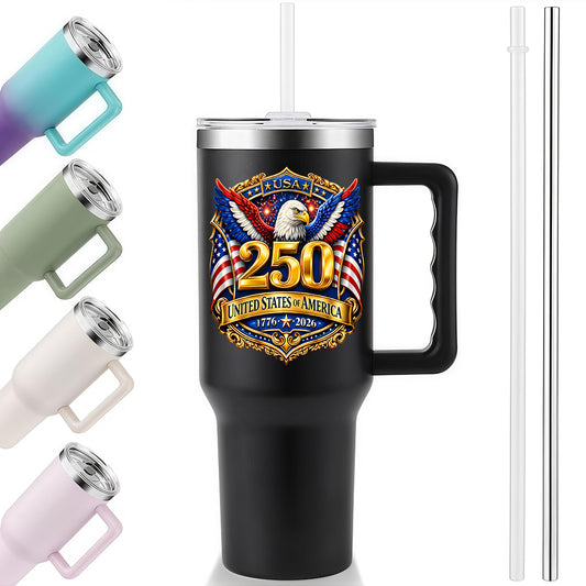 40oz Insulated Tumbler | USA 250th Anniversary Bald Eagle Golden Badge 1776-2026 Patriotic Large Capacity Travel Water Cup