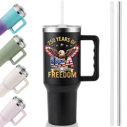 40oz Handle Travel Mug | 250 Years Of Freedom Eagle USA Flag Wings 1776-2026 Independence Day Reusable Stainless Steel Tumbler