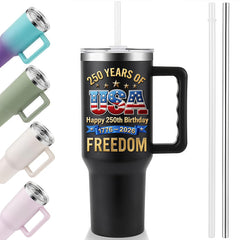 40oz Tumbler With Handle | Happy 250th USA Birthday 1776-2026 Stars Stripes Eagle Freedom Patriotic Gift Cup
