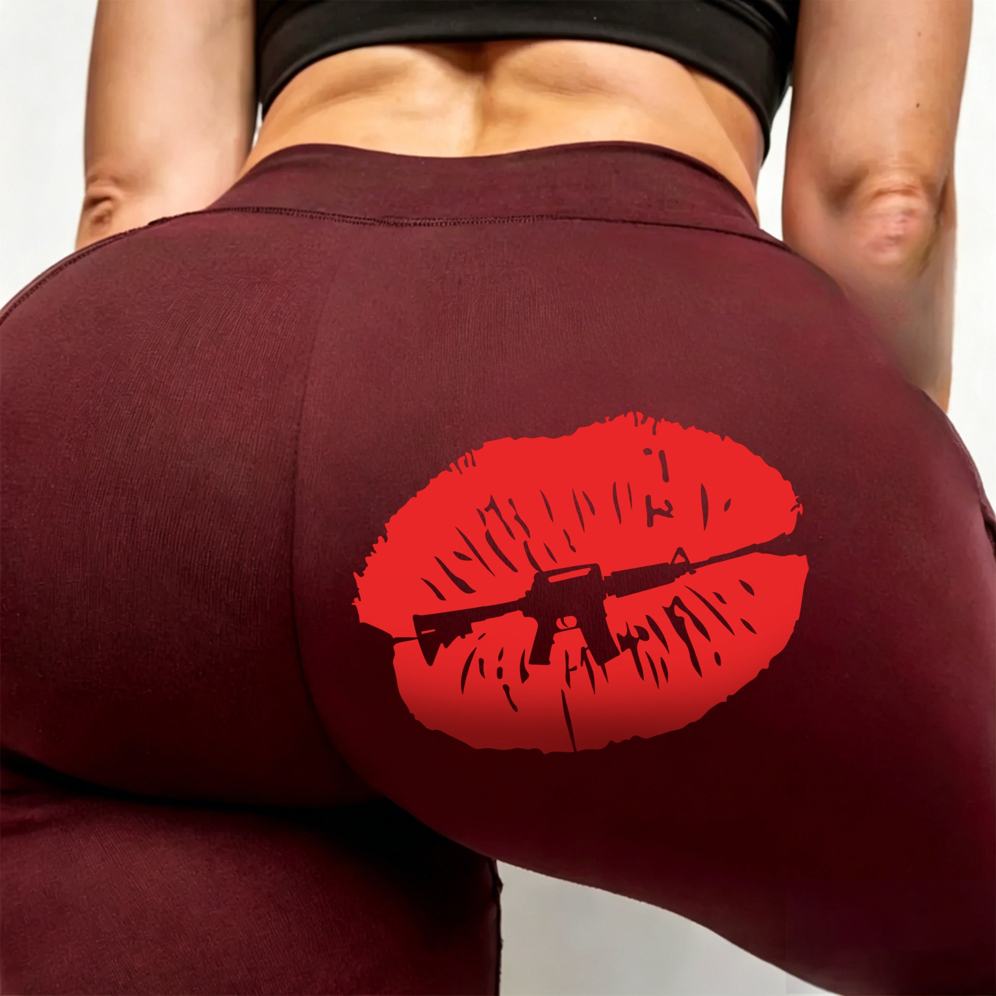Custom Name Tan Leggings – Personalized High Waist Yoga Pants with Lips & Assault Rifle Graphic for Women