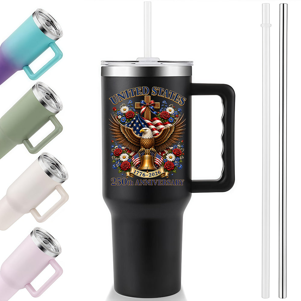 40oz Stainless Steel Tumbler | United States 250th Anniversary Eagle Cross Liberty Bell Floral Vintage Patriotic Christian Travel Mug