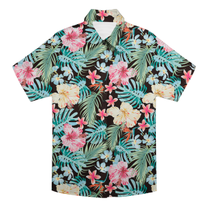 Watercolor Hibiscus & Monstera Black Hawaiian Shirt