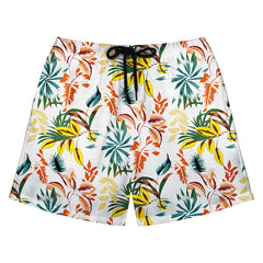 Vibrant Tropical Leaf Print White Swim Shorts