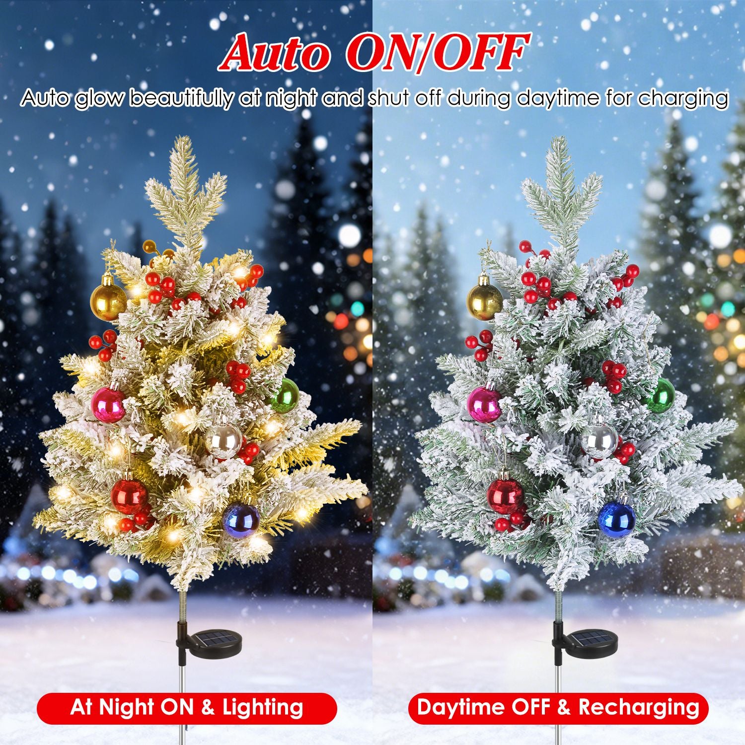 2Pcs Solar Powered Lighted Christmas Tree Urn Filler With Light Artificial Xmas Trees Light with Berries Decor Balls LED Pathway Pine Tree IP44 Waterp
