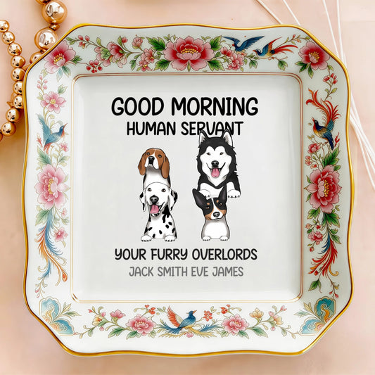 Custom Photo Ceramic Trinket Tray with Elegant Floral and Phoenix Bird Border-Good morning, human servant
