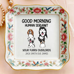 Custom Photo Ceramic Trinket Tray with Elegant Floral and Phoenix Bird Border-Good morning, human servant