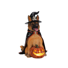 German shepherd witch statue on a plain background, from a second angle, showing the cape covering its back