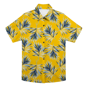Yellow Hawaiian Shirt with Blue Palm Leaf Print