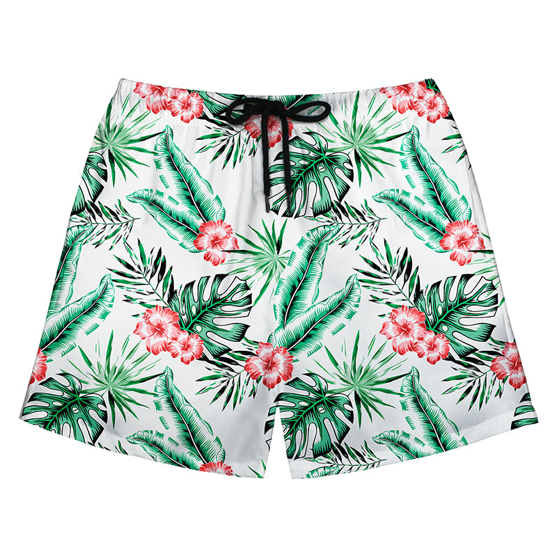 White Swim Shorts with Green Monstera & Pink Hibiscus Print