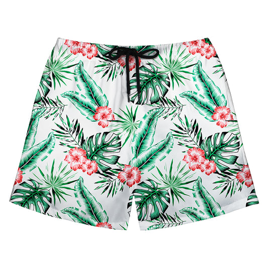 White Swim Shorts with Green Monstera & Pink Hibiscus Print