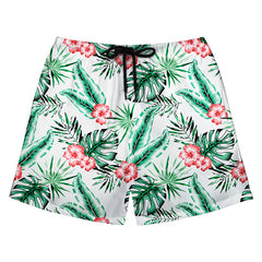 White Swim Shorts with Green Monstera & Pink Hibiscus Print