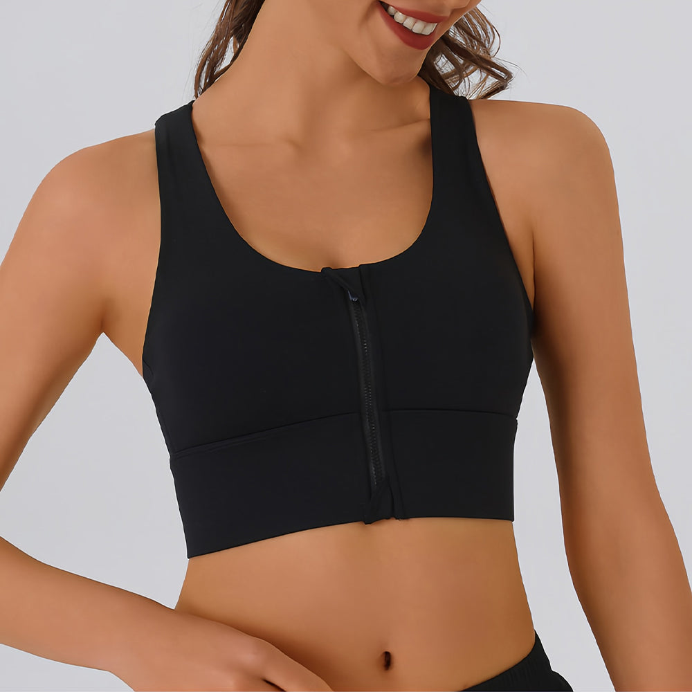 Front Zipper High Support Sports Bra - Racerback Longline Workout Crop Top