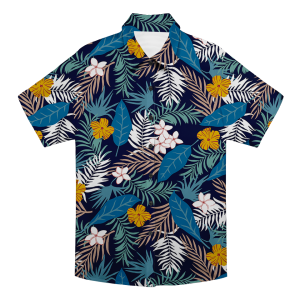 Navy Blue Tropical Floral & Leaf Print Aloha Shirt