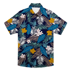 Navy Blue Tropical Floral & Leaf Print Aloha Shirt